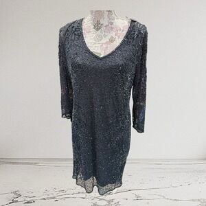 PISARRO NIGHTS BEADED V-NECK 3/4 SLEEVE SLATE COCKTAIL DRESS 18